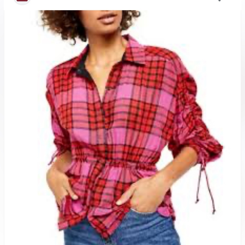 FREE PEOPLE Dawn plaid Shirt Hot Pink Red Plaid  Snap Button ✨brand new✨